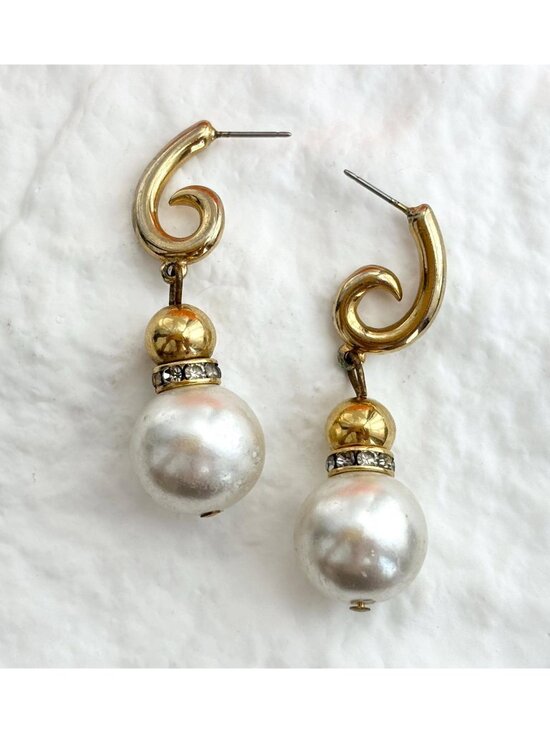 Jewelry - Faux Pearl Accented Rhinestone Swirly Gold Toned Vintage Dangle 80's Earrings